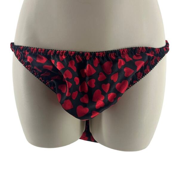 Vintage Avon Satin String Bikini Panties Red Hearts on Black Womens Size Large - Picture 1 of 4